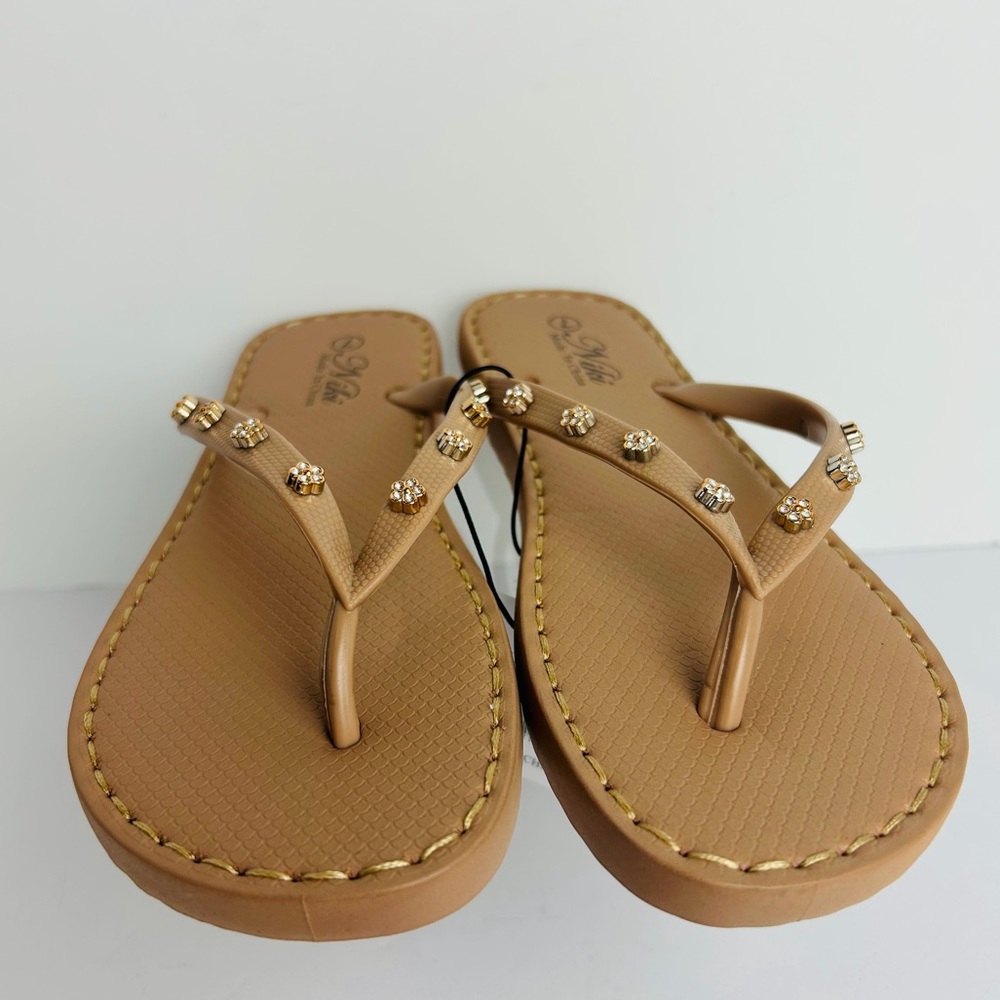 NWT Flip Flops Women's 11 Tan Rose Gold Rhinestone Cushion Rubber Sole Sandals